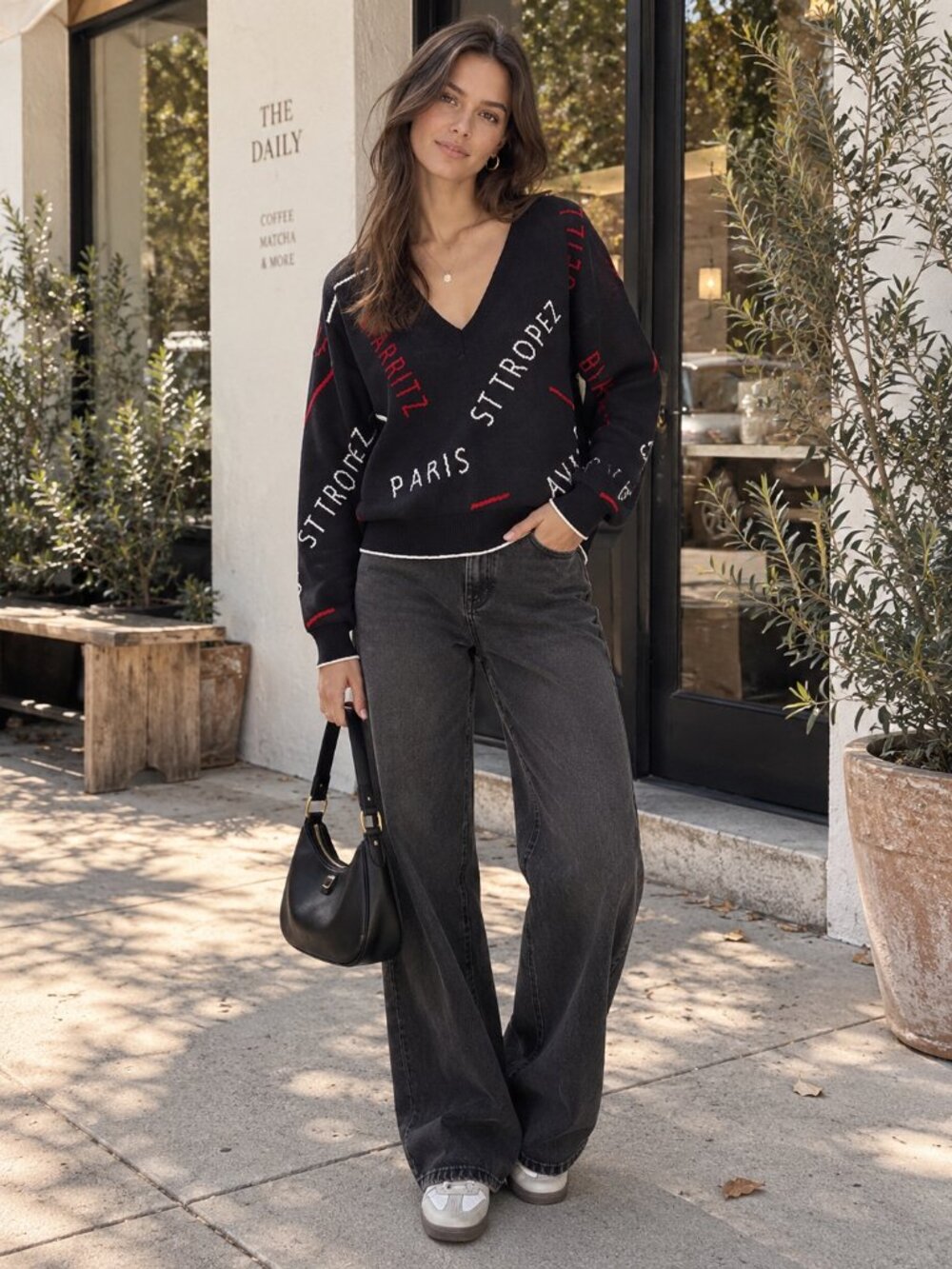 Joie Wilhelmina Midnight Graphic V Neck Cotton Sweater Paris French Pullover